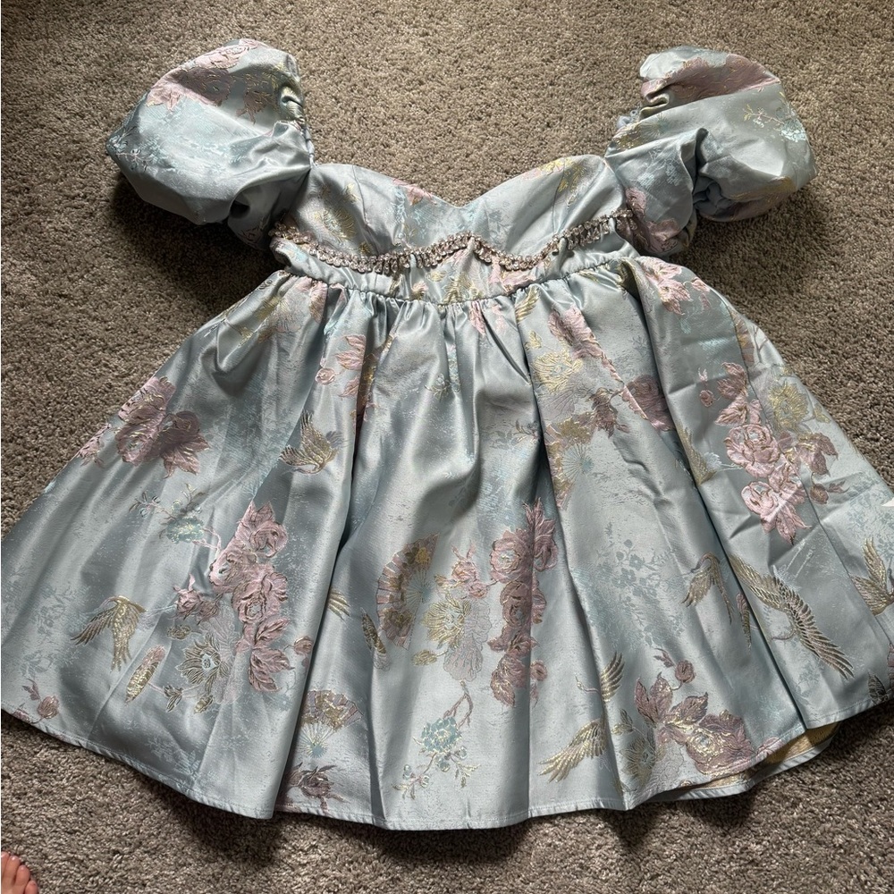 ASOS LUXE puffed sleeve jacquard mini embellished bust trim and detachable bow